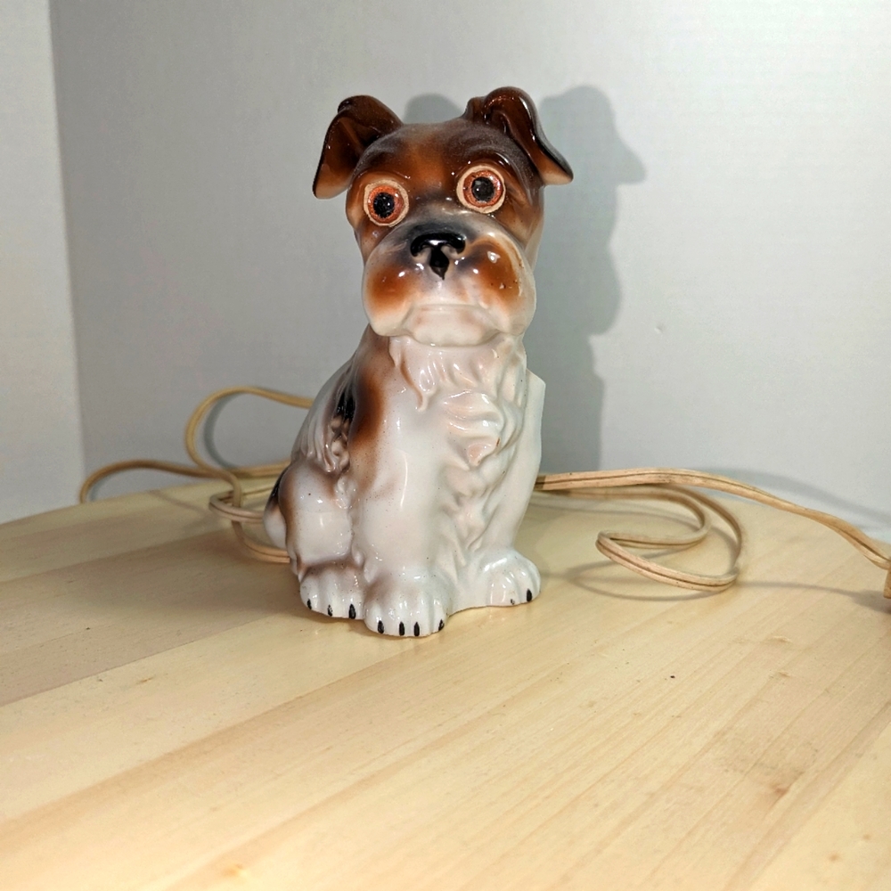 Vintage 40’s Deco Terrier 6” Dog Lamp Light Nightlight Porcelain Figurinee